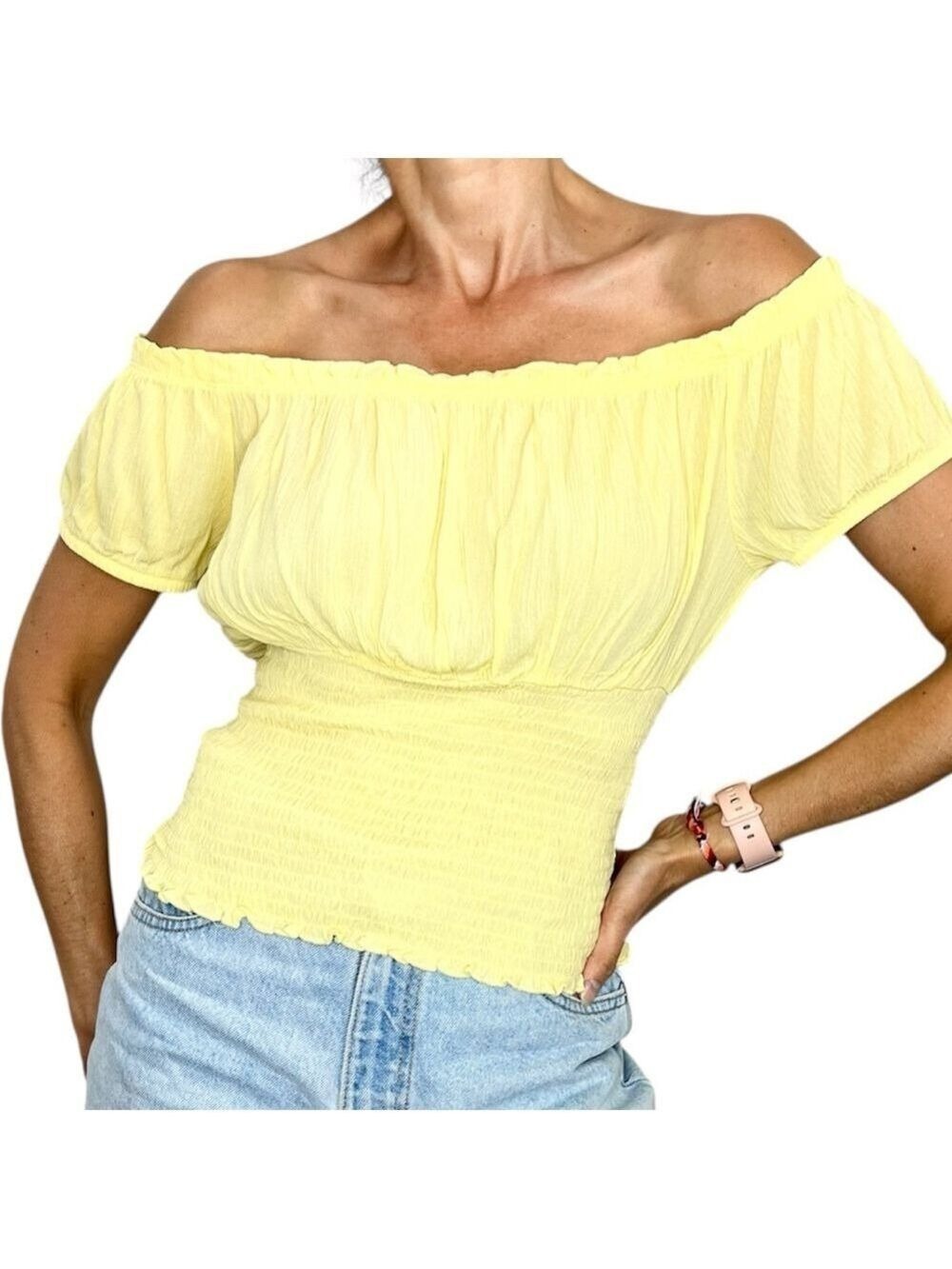 NWT Revamped butter yellow crinkly shirred off the shoulder short sleeve top XL